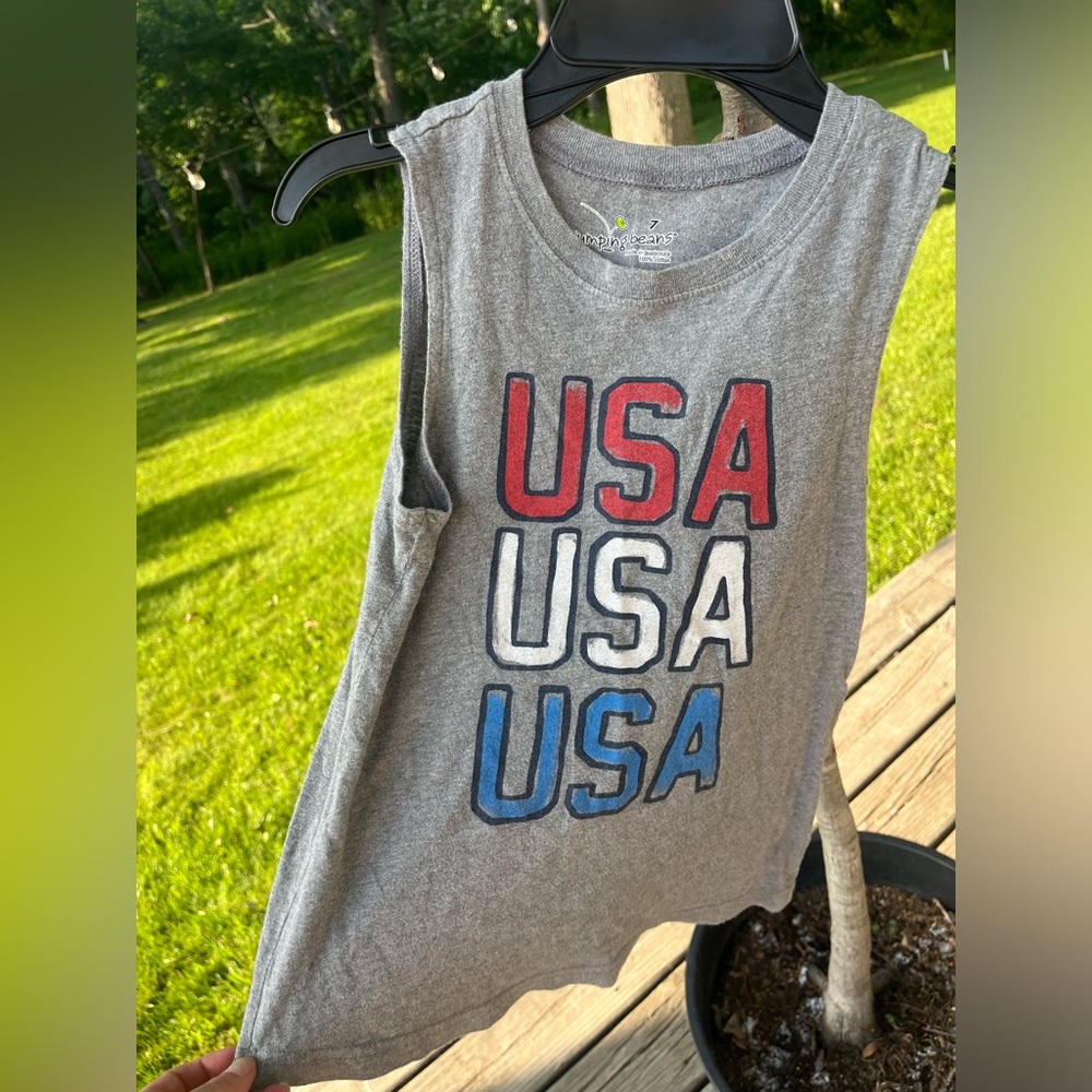 Boys Gray Tank Top w Red White Blue USA Letters Patriotic Muscle Tank Sz 7 Boy